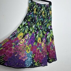 VTG 90s Take Two Maxi Skirt M Crinkled Cotton Tropical Floral Elastic Waist Boho